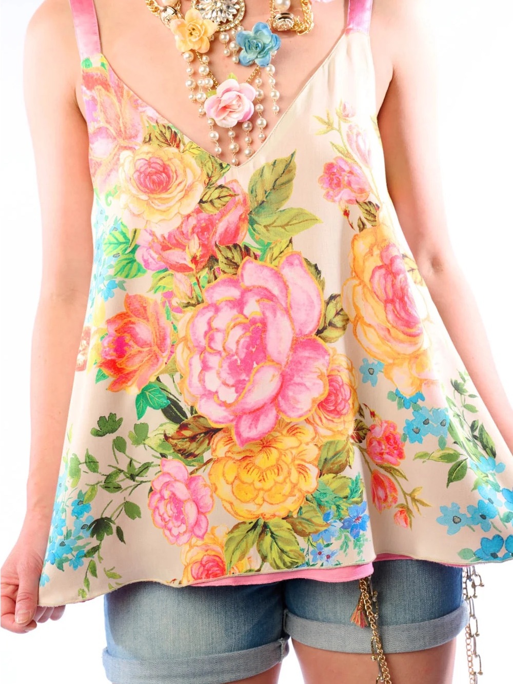 Aratta Earth Angels Reversible Pink & Cream Floral Satin-Trim Camisole NWT